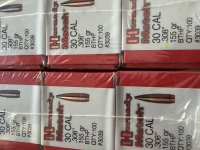 30Cal  (.308) 500st Hornady A-Max 155gr en 1000st Hornady Match 155gr koppen.